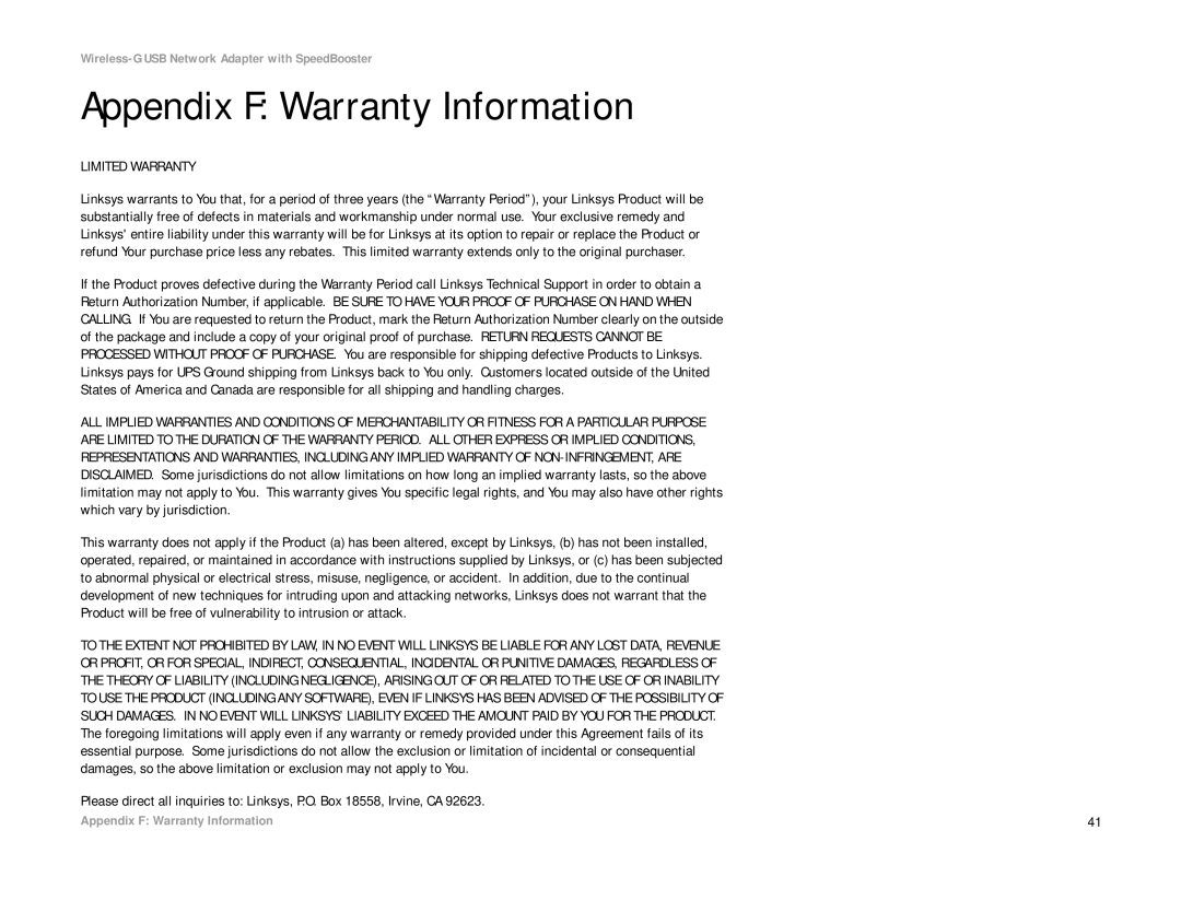 Linksys WUSB54GS manual Appendix F Warranty Information, Limited Warranty 