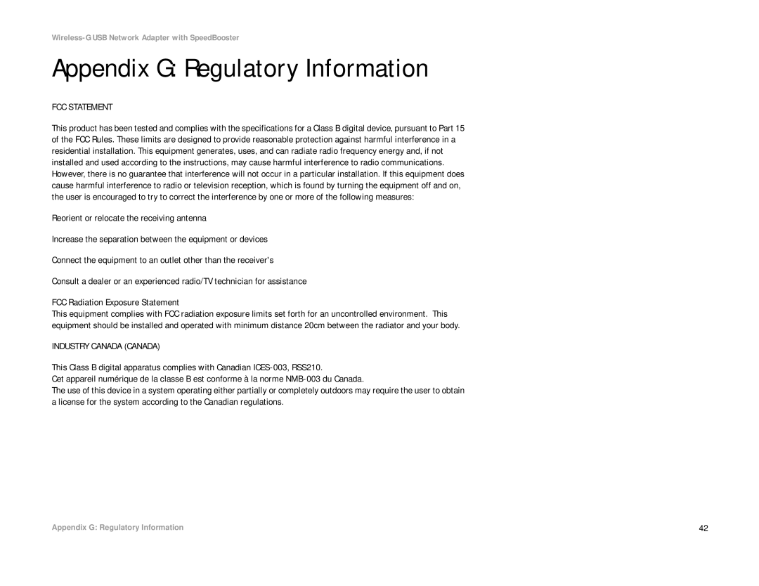 Linksys WUSB54GS manual Appendix G Regulatory Information, FCC Statement 