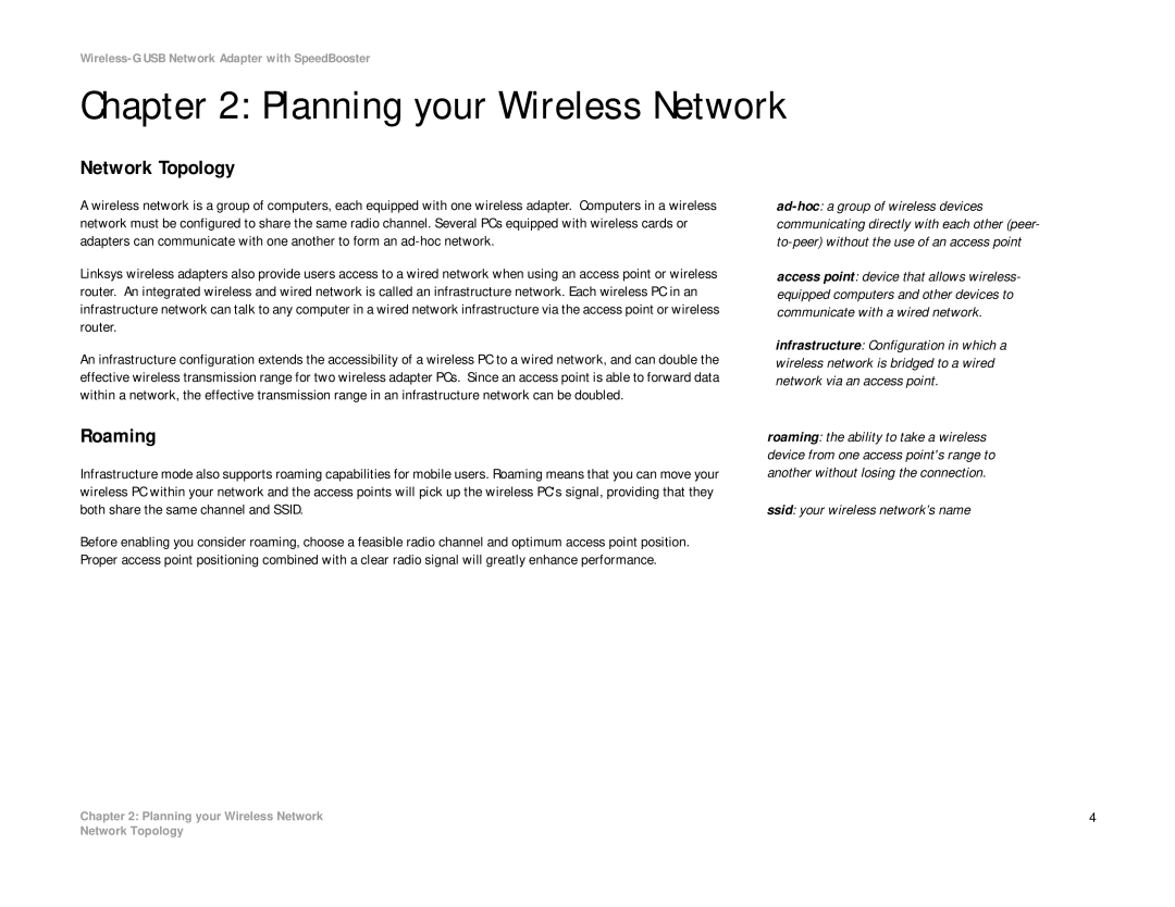 Linksys WUSB54GS manual Planning your Wireless Network, Network Topology, Roaming, Ssid your wireless network’s name 