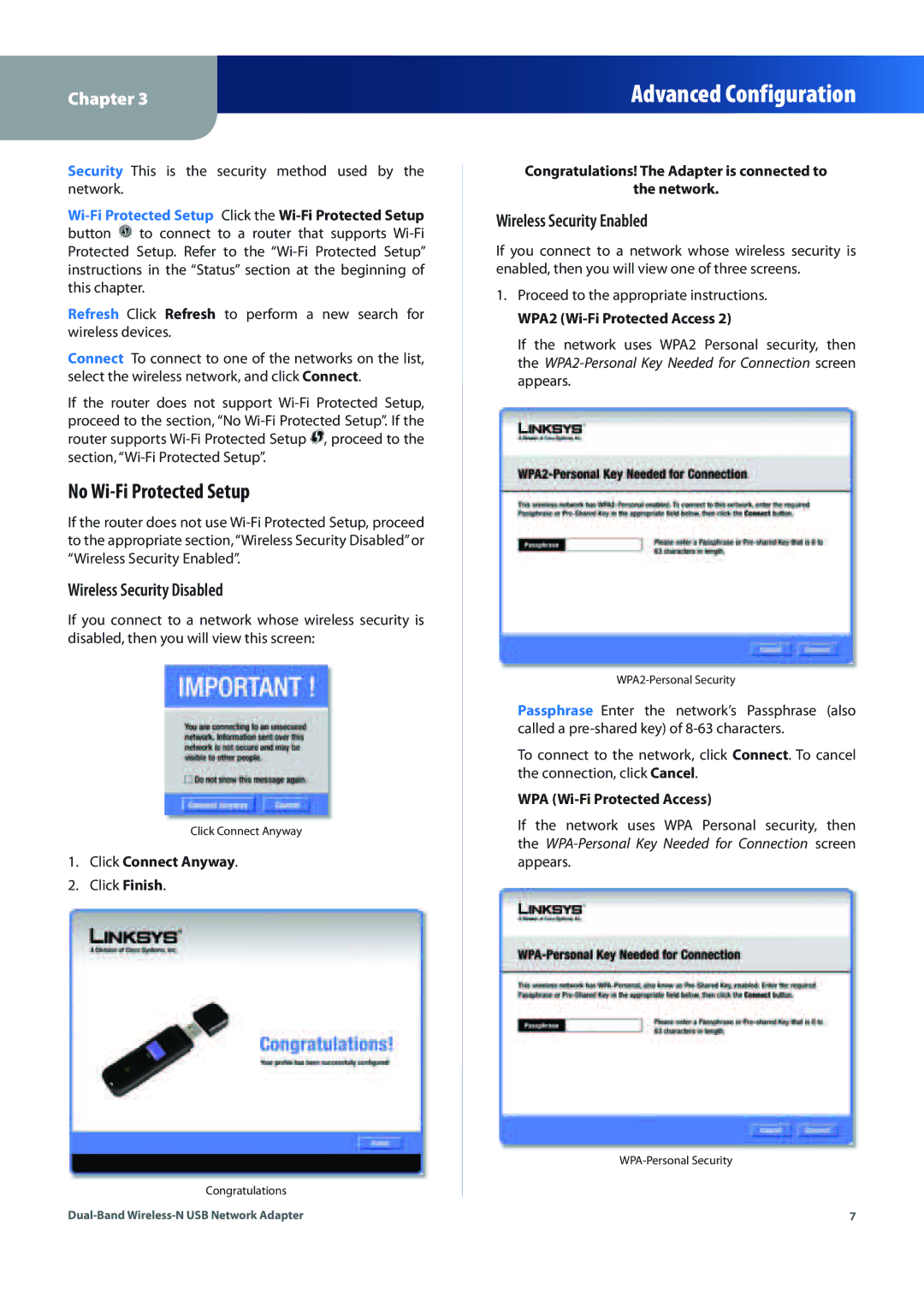 Linksys WUSB600N (EU) manual No Wii Protected Setup, Wireless Security Disabled, Wireless Security Enabled 