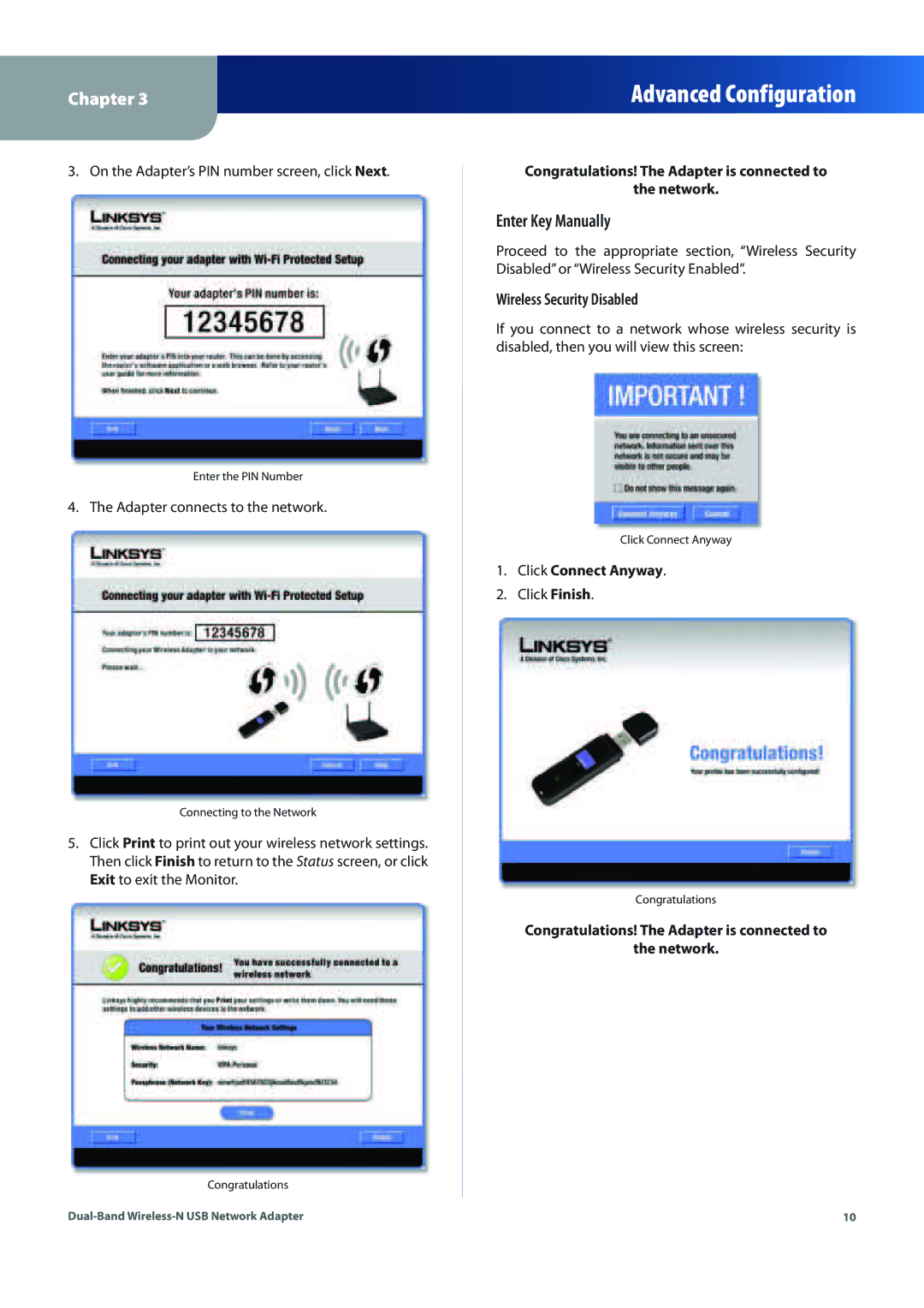 Linksys WUSB600N (EU) manual Enter Key Manually, Wireless Security Disabled 