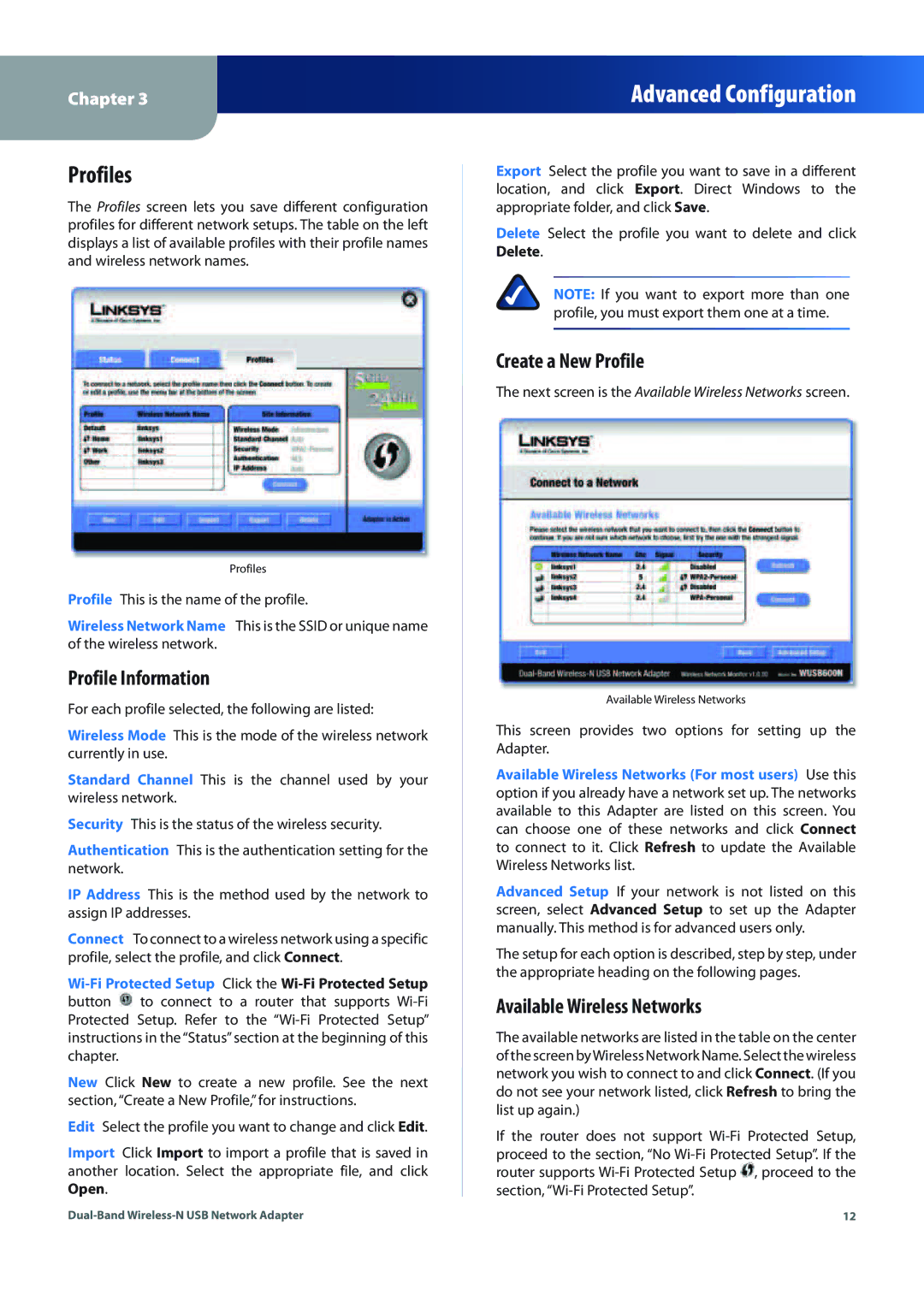 Linksys WUSB600N (EU) manual Profiles, Create a New Profile, Profile Information, Available Wireless Networks 