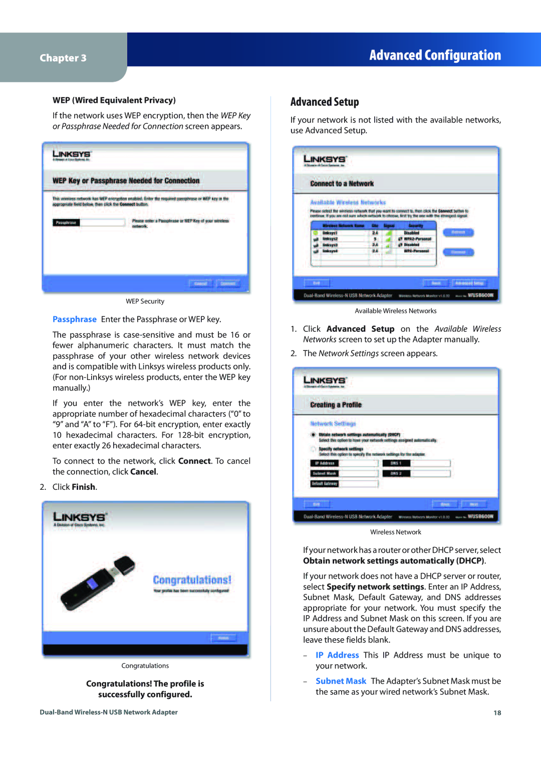 Linksys WUSB600N (EU) manual Advanced Setup, Congratulations! The profile is Successfully configured 