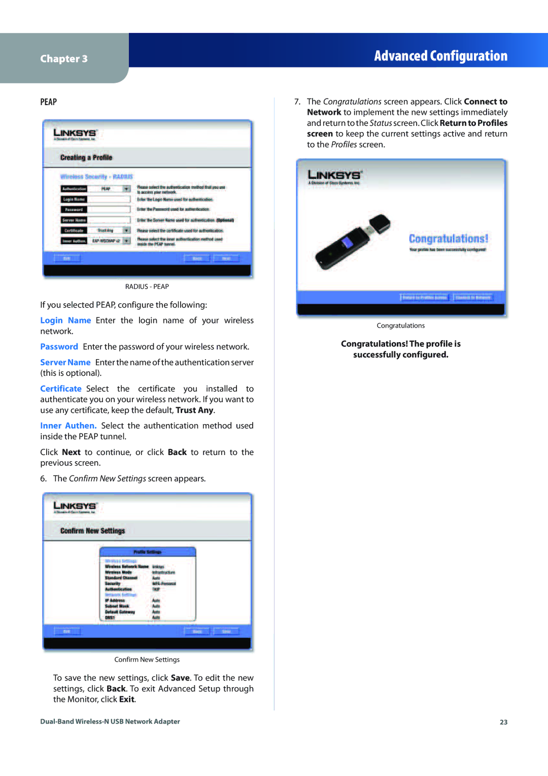 Linksys WUSB600N (EU) manual Confirm New Settings screen appears 