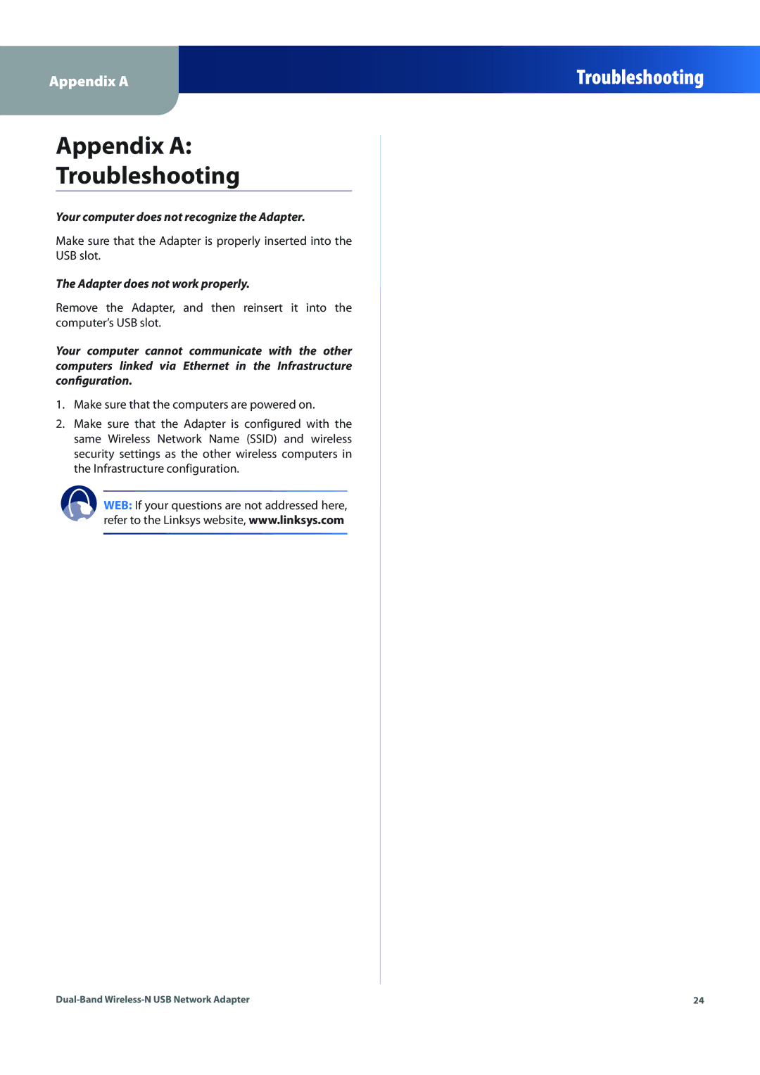 Linksys WUSB600N (EU) manual Appendix a Troubleshooting, Your computer does not recognize the Adapter 