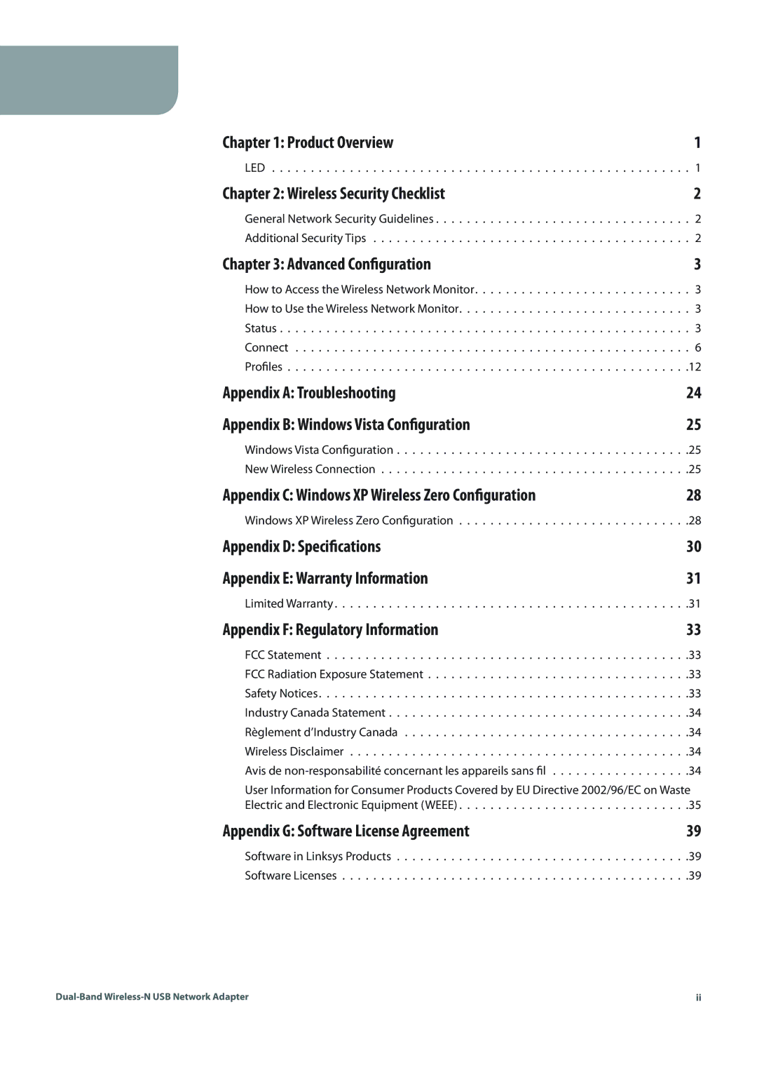 Linksys WUSB600N (EU) manual Table of Contents 