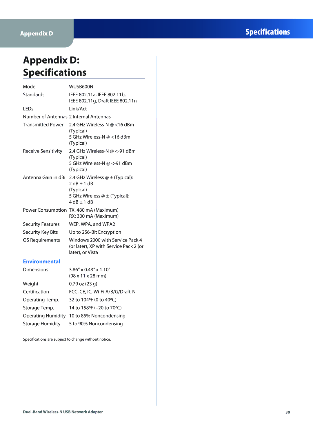 Linksys WUSB600N (EU) manual Appendix D Specifications 