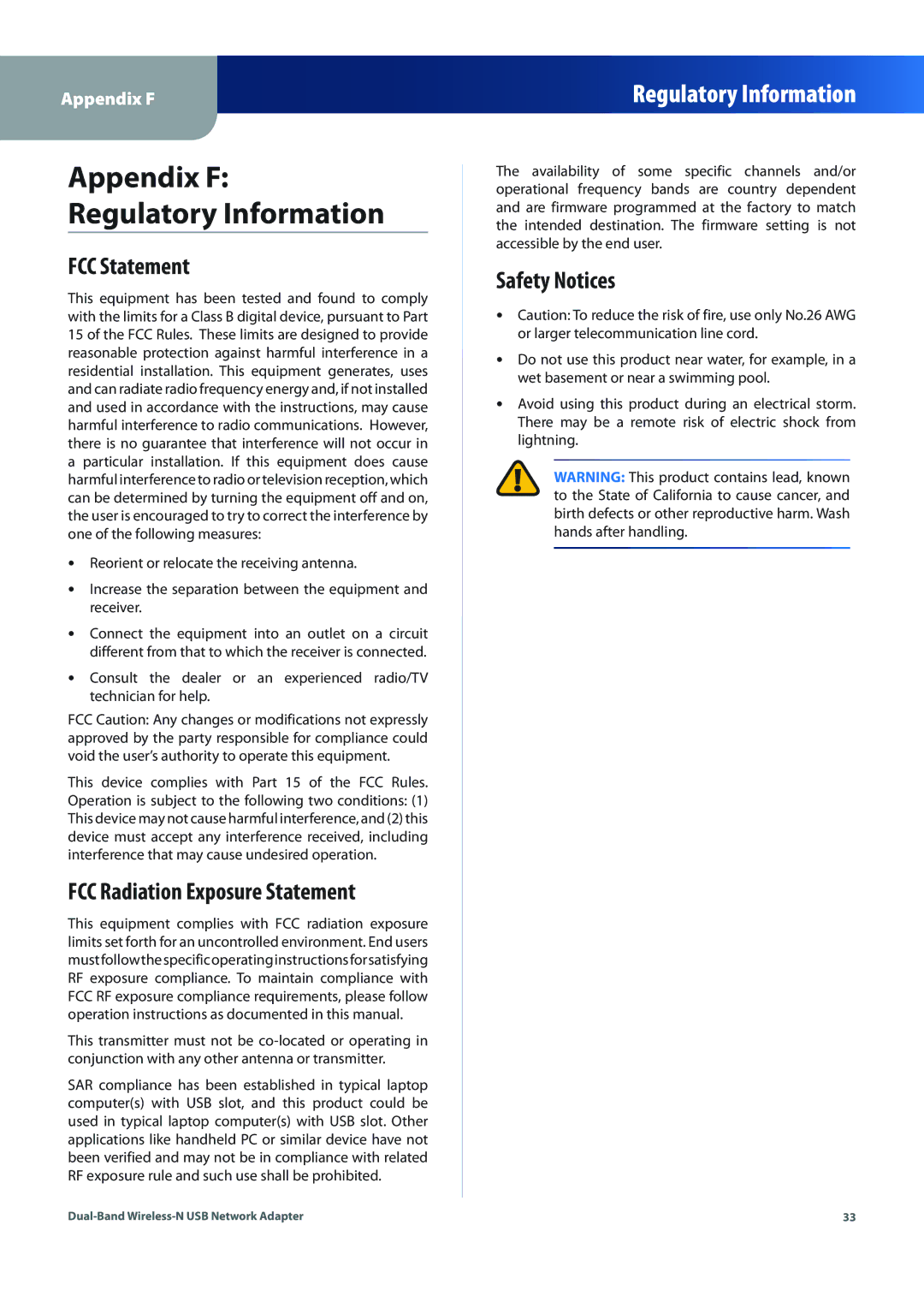 Linksys WUSB600N (EU) manual FCC Statement, FCC Radiation Exposure Statement, Safety Notices 