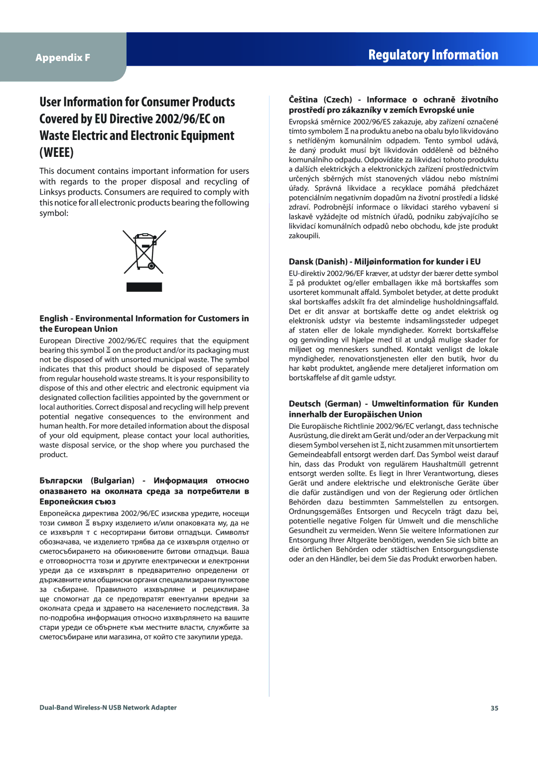 Linksys WUSB600N (EU) manual Dansk Danish iljøinformation for kunder i EU 