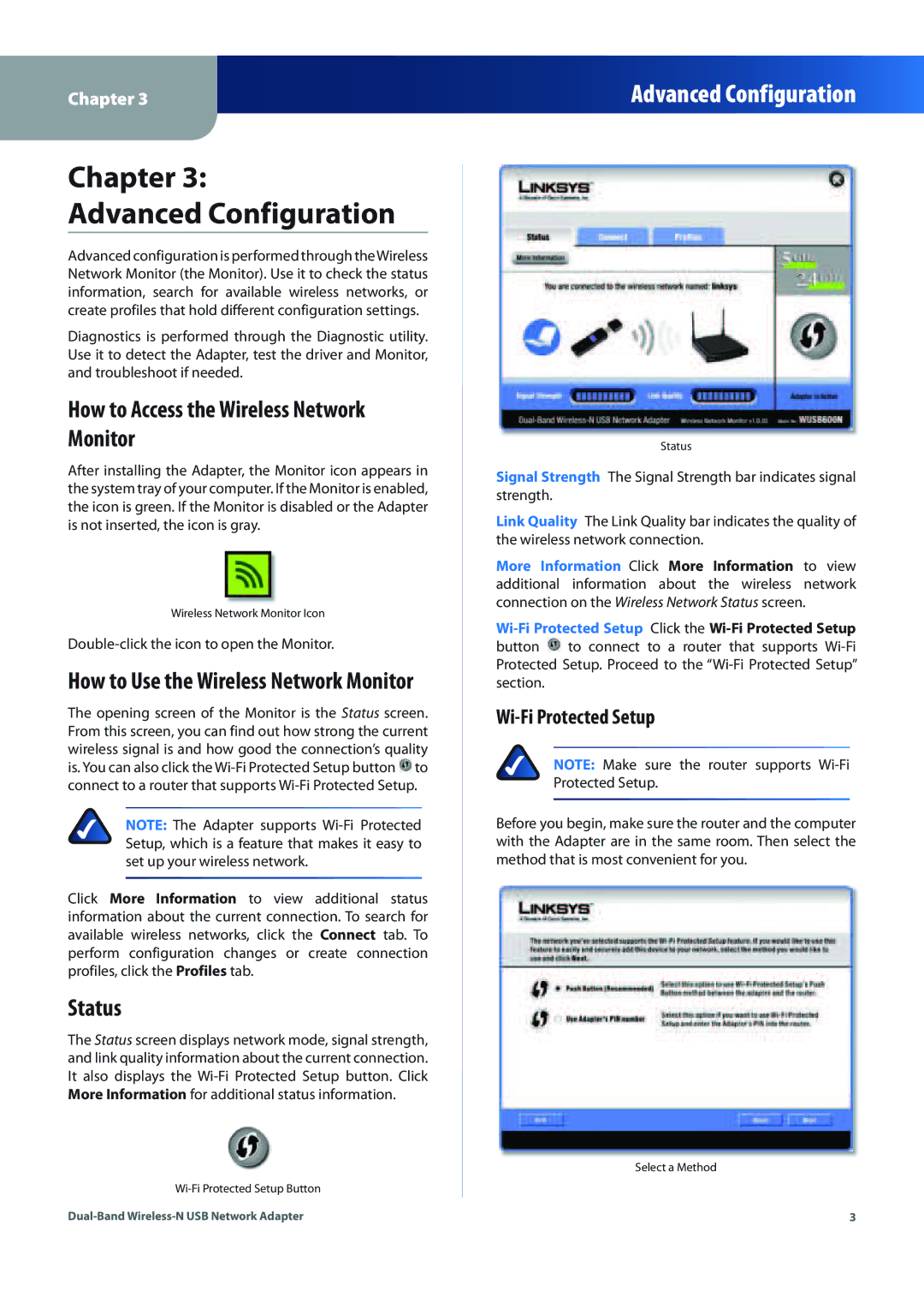 Linksys WUSB600N (EU) manual Chapter Advanced Configuration, How to Access the Wireless Network Monitor, Status 