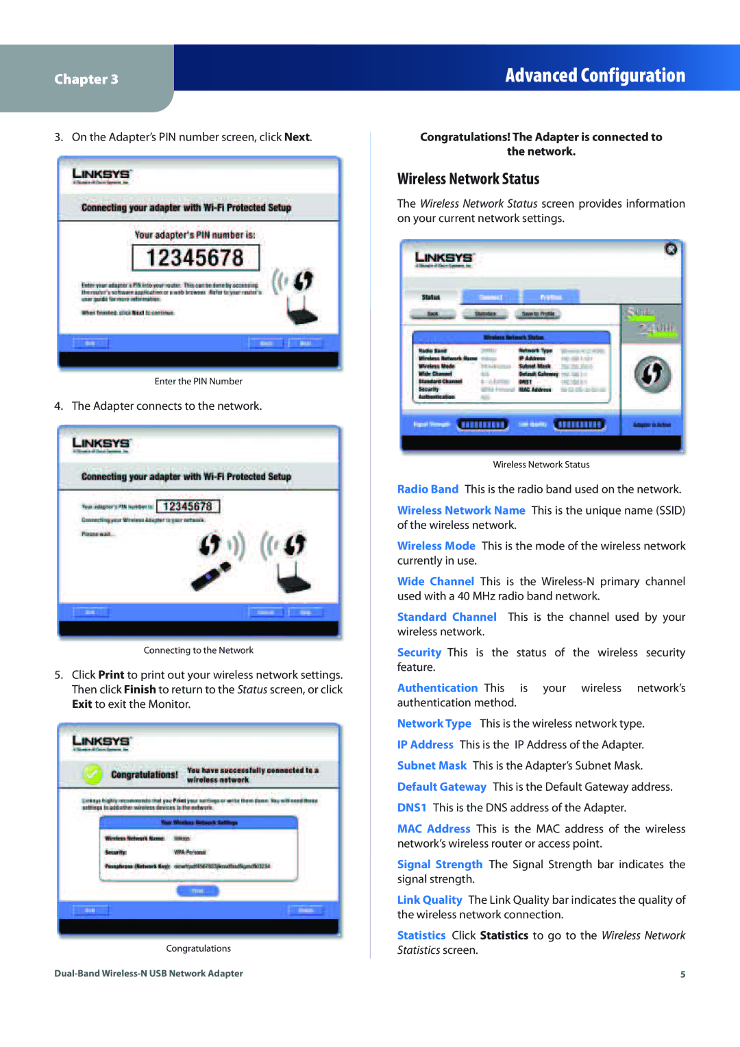 Linksys WUSB600N (EU) manual Wireless Network Status, On the Adapter’s PIN number screen, click Next 