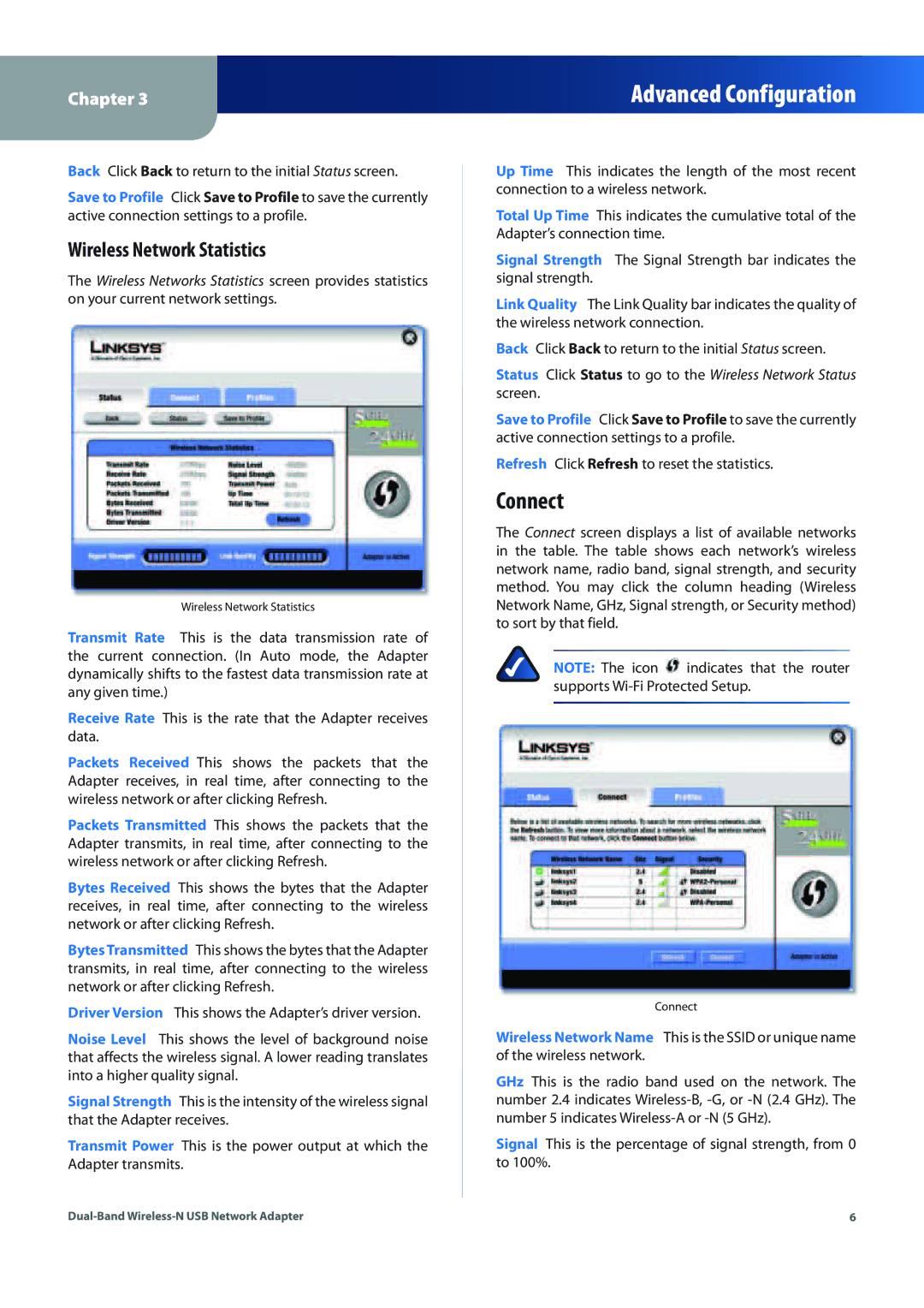 Linksys WUSB600N (EU) manual Connect, Wireless Network Statistics 