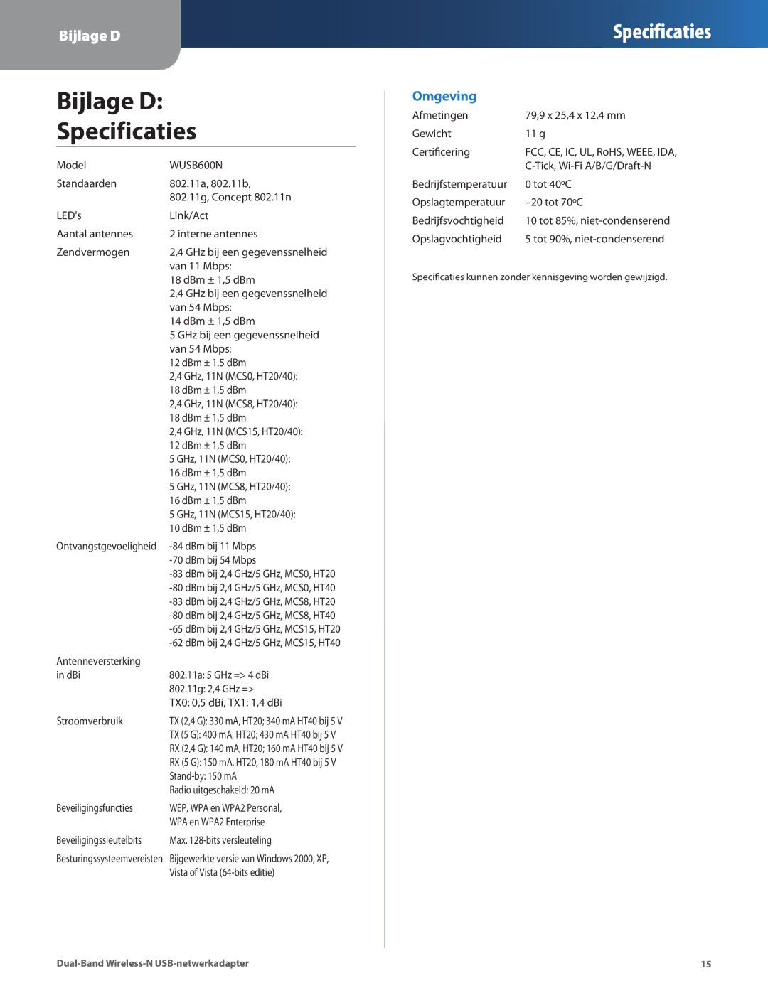 Linksys WUSB600N manual Bijlage D Specificaties 