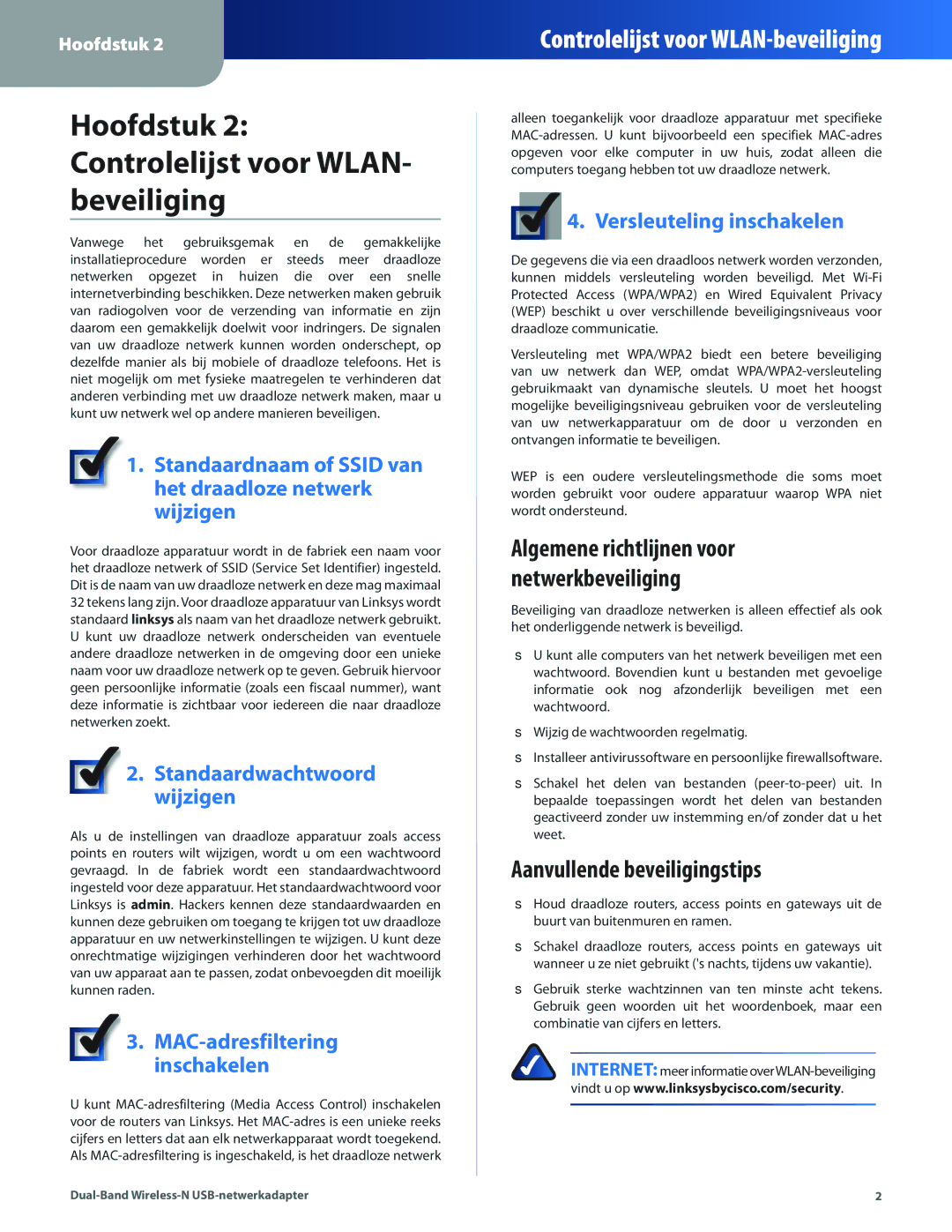 Linksys WUSB600N manual Hoofdstuk 2 Controlelijst voor WLAN- beveiliging, Aanvullende beveiligingstips 