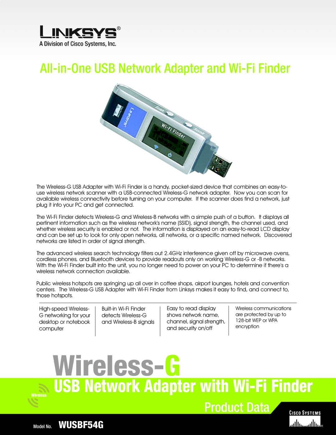 Linksys WUSBF54G manual Wireless-G, All-in-One USB Network Adapter and Wi-Fi Finder 