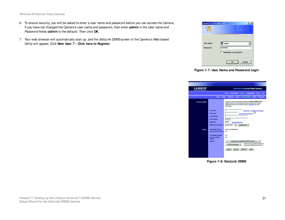 Linksys WVC11B manual User Name and Password Login 