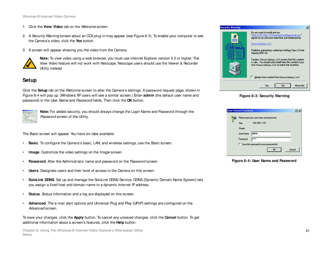 Linksys WVC11B manual Setup, Security Warning 