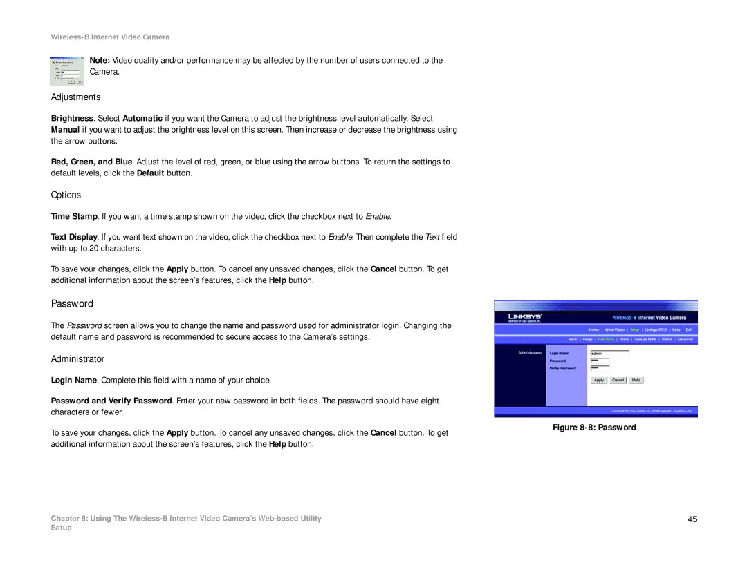 Linksys WVC11B manual Password, Adjustments, Options, Administrator 