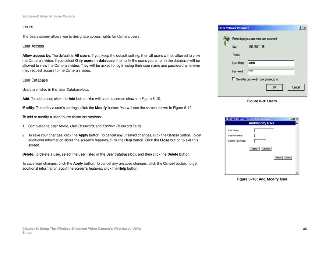 Linksys WVC11B manual Users, User Access, User Database 