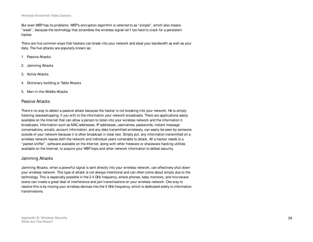 Linksys WVC11B manual Passive Attacks, Jamming Attacks 