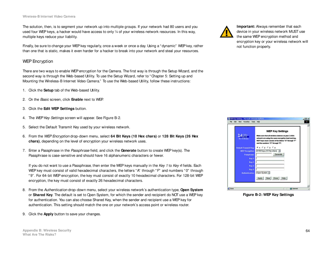 Linksys WVC11B manual WEP Encryption, Figure B-2 WEP Key Settings 