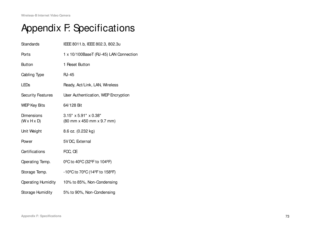 Linksys WVC11B manual Appendix F Specifications, Standards Ieee 8011.b, Ieee 802.3, 802.3u Ports 