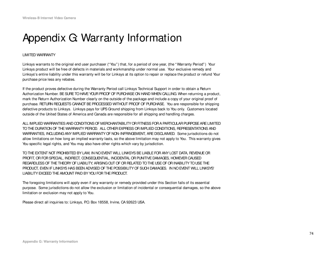 Linksys WVC11B manual Appendix G Warranty Information, Limited Warranty 