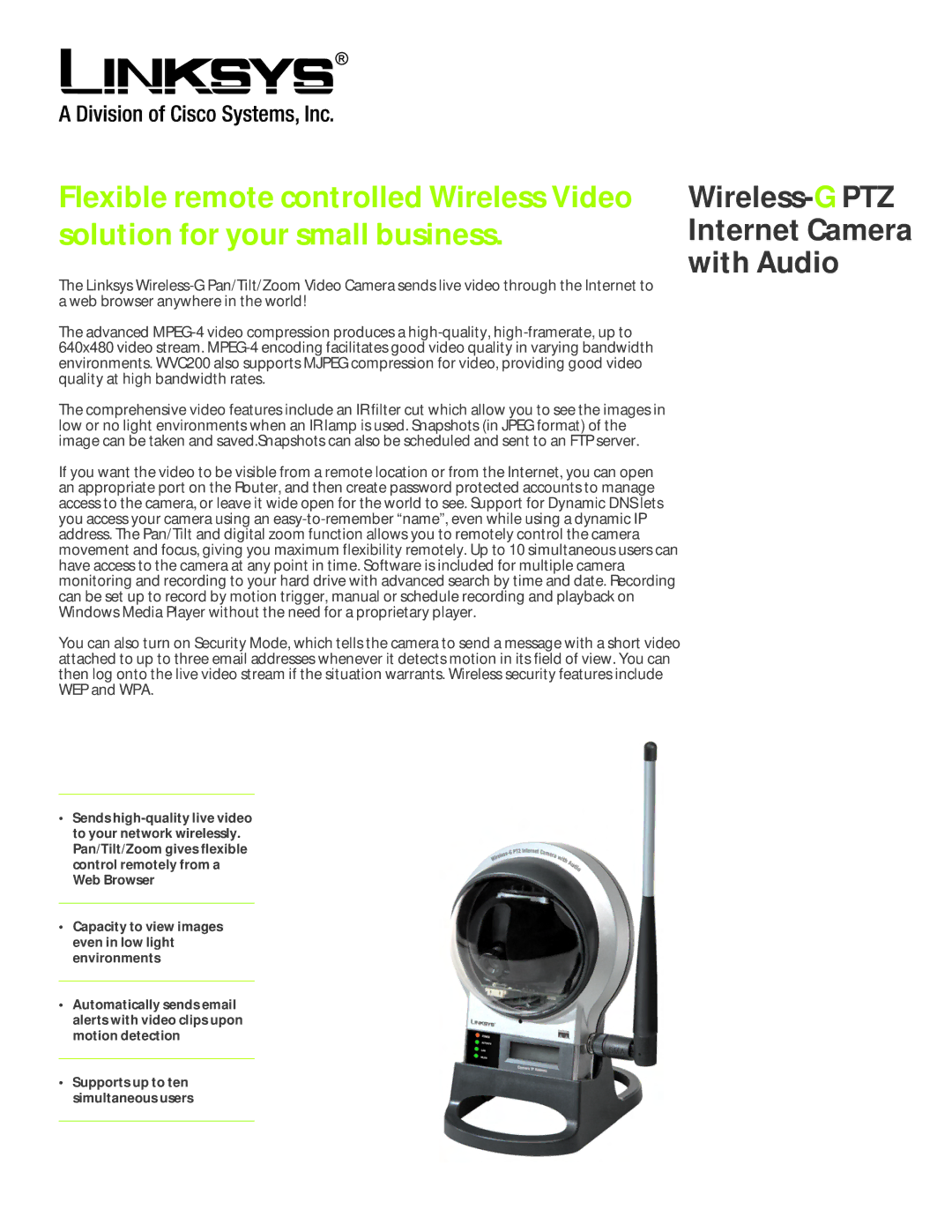 Linksys WVC200 manual Wireless-GPTZ Internet Camera with Audio 