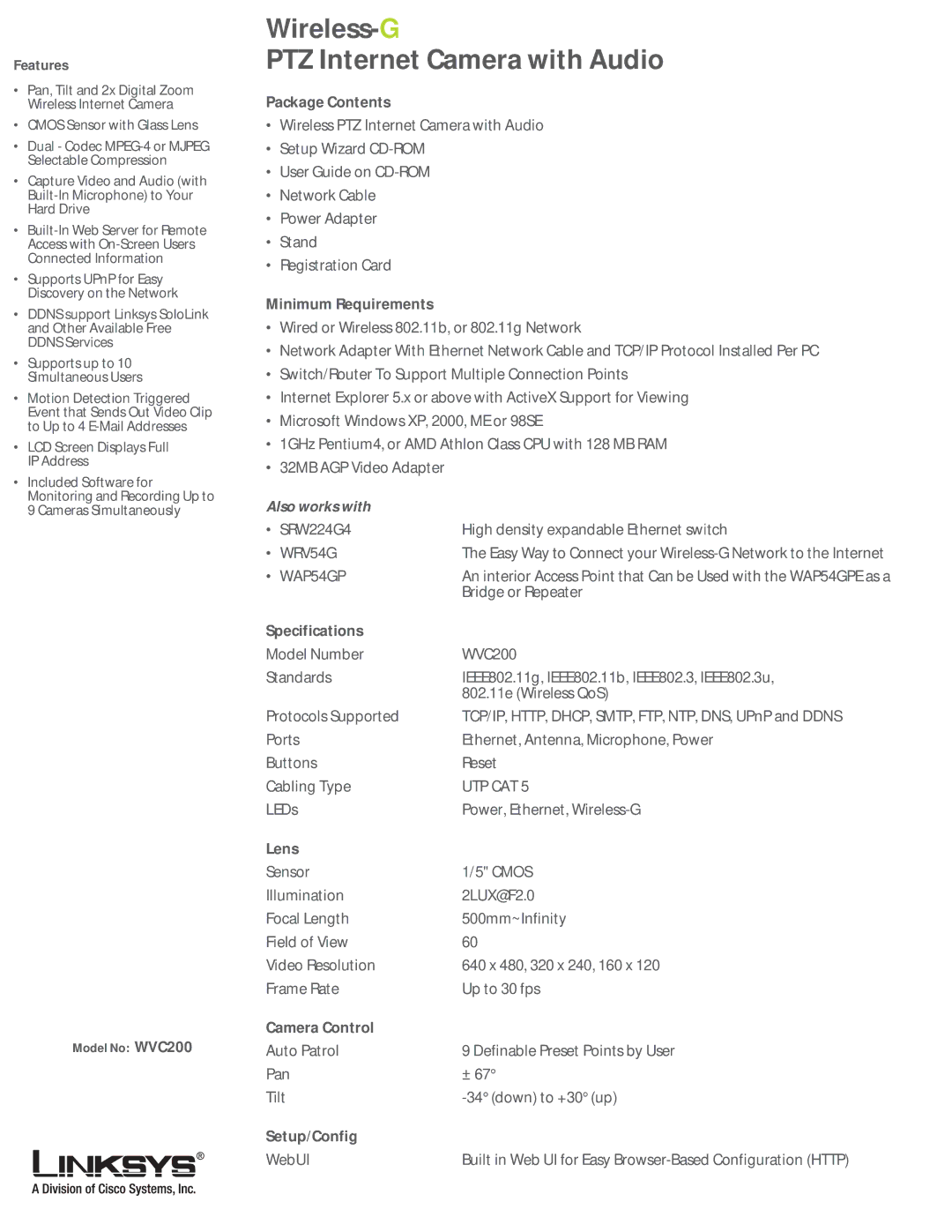 Linksys WVC200 manual Package Contents, Minimum Requirements, Specifications, Lens, Camera Control, Setup/Config 