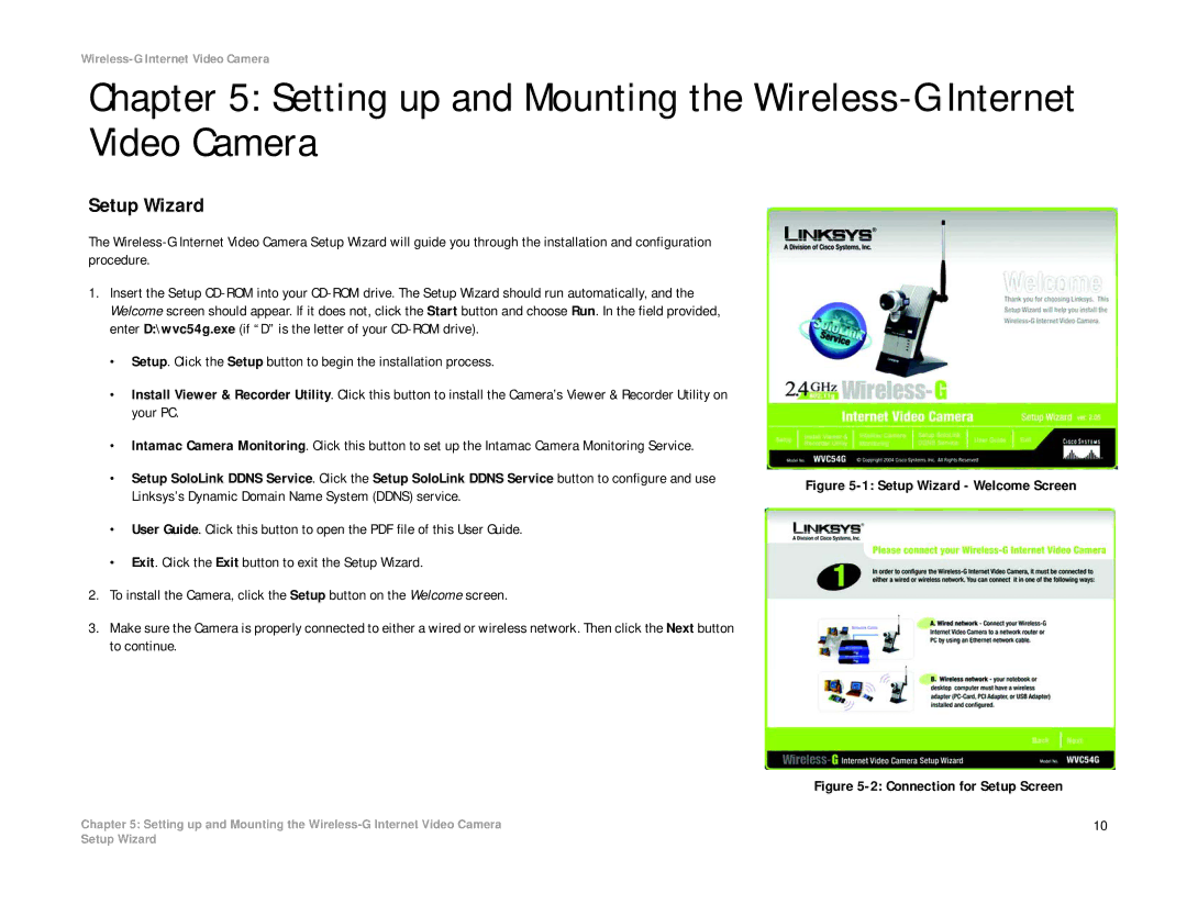 Linksys WVC54G-UK manual Setting up and Mounting the Wireless-G Internet Video Camera, Setup Wizard 