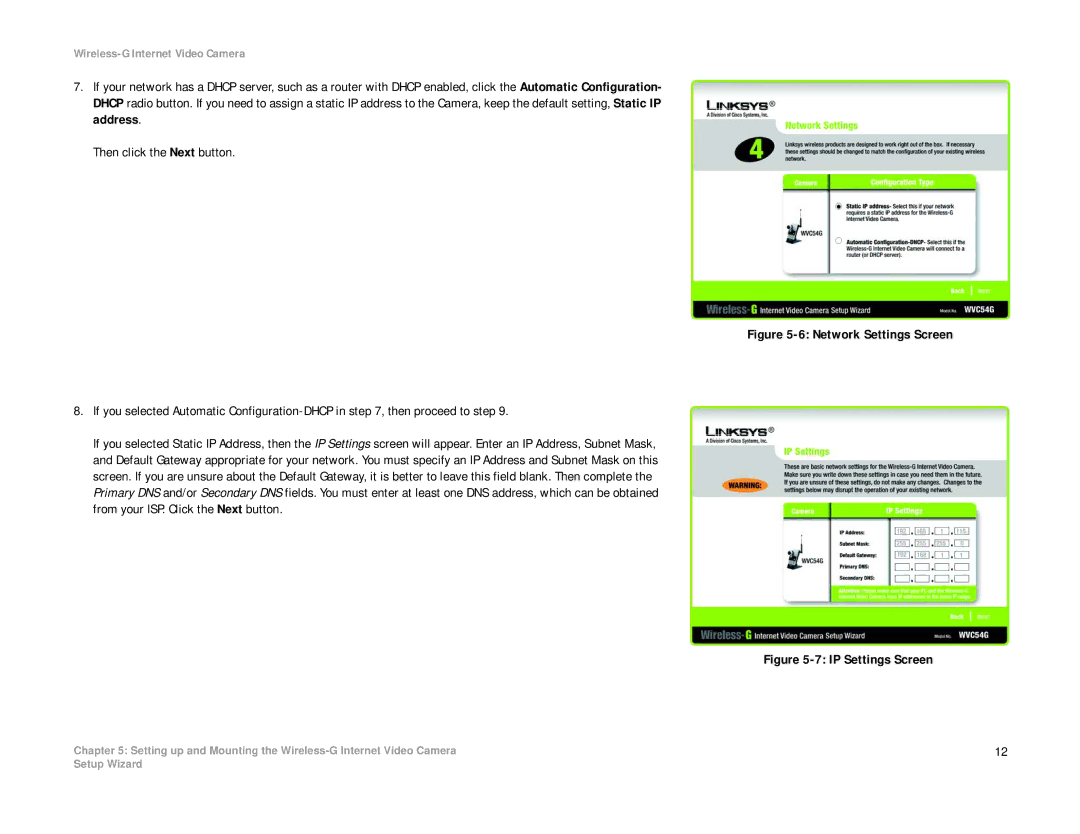 Linksys WVC54G-UK manual Network Settings Screen 