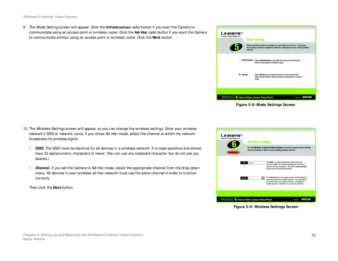 Linksys WVC54G-UK manual Mode Settings Screen 