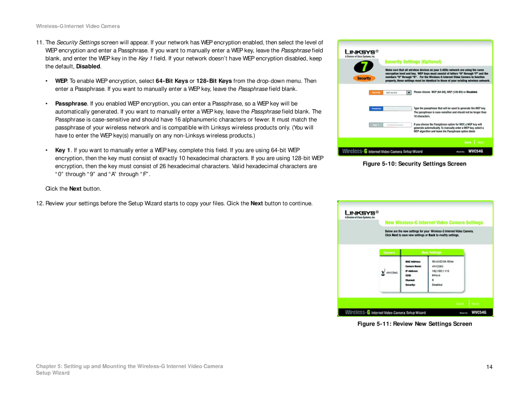 Linksys WVC54G-UK manual Security Settings Screen 