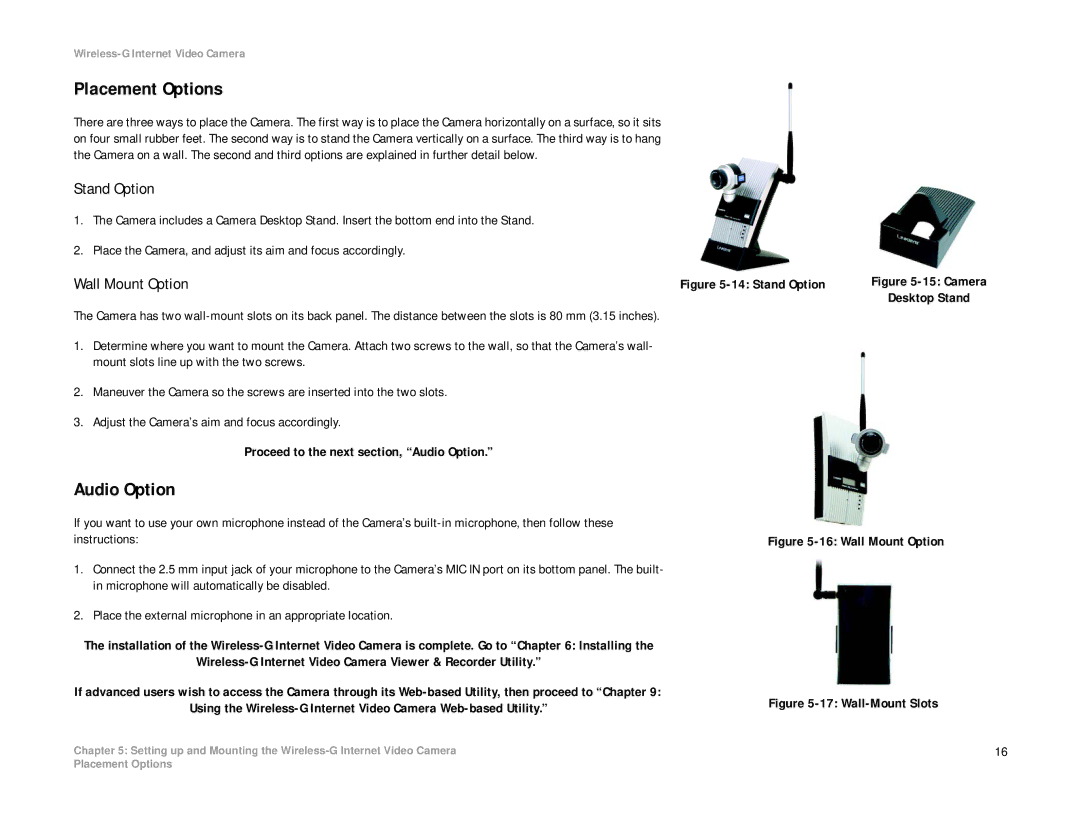 Linksys WVC54G-UK manual Placement Options, Audio Option, Stand Option, Wall Mount Option 