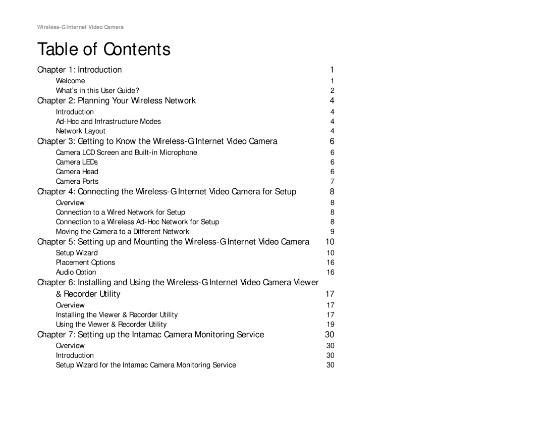 Linksys WVC54G-UK manual Table of Contents 