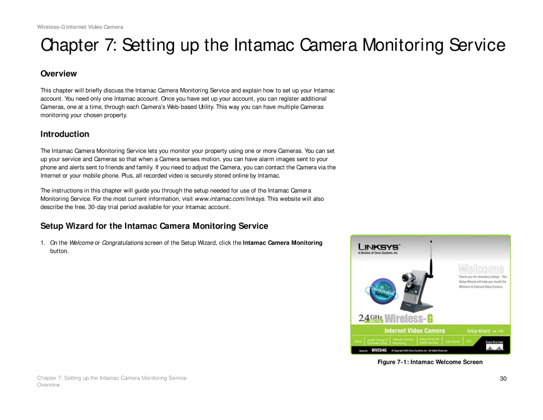 Linksys WVC54G-UK Setting up the Intamac Camera Monitoring Service, Setup Wizard for the Intamac Camera Monitoring Service 