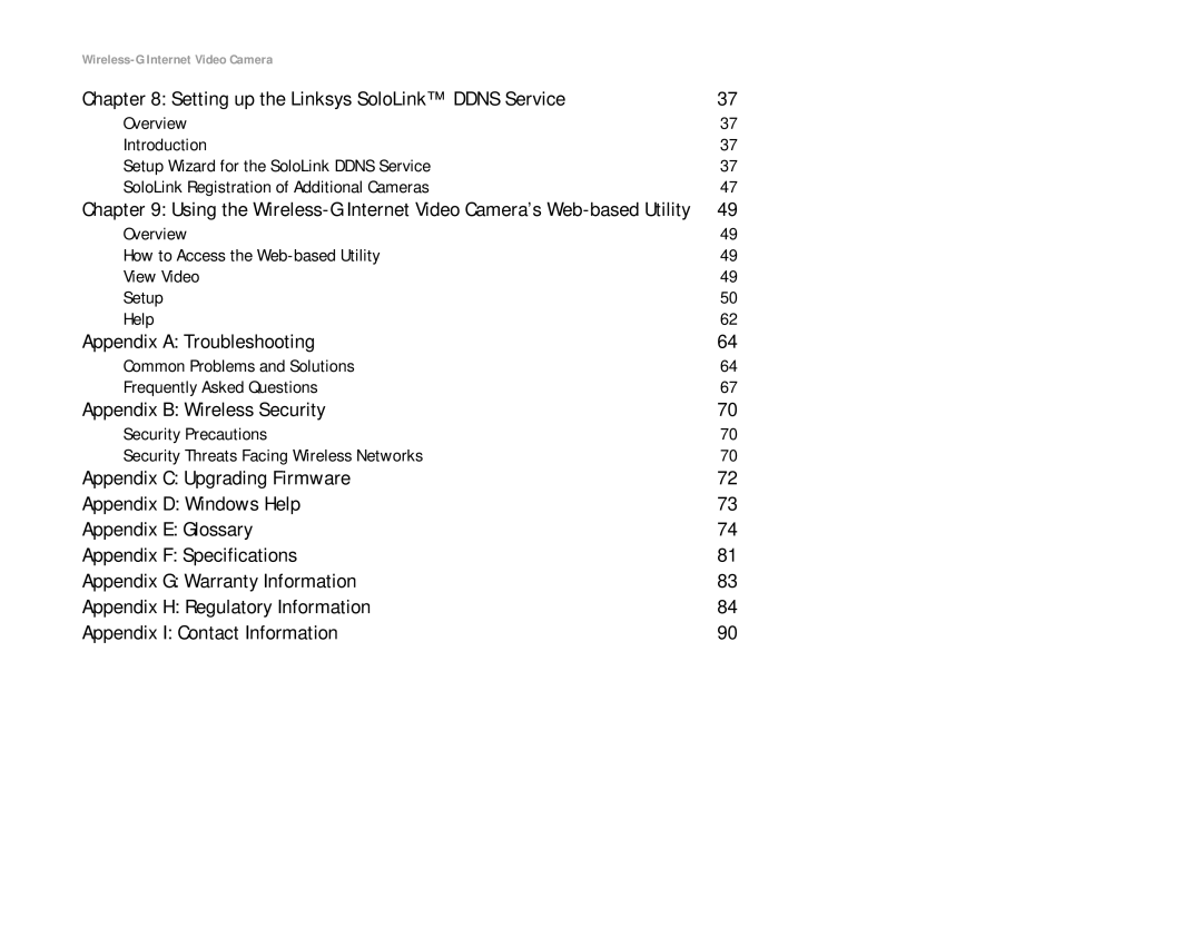 Linksys WVC54G-UK Setting up the Linksys SoloLink Ddns Service, Appendix a Troubleshooting, Appendix B Wireless Security 