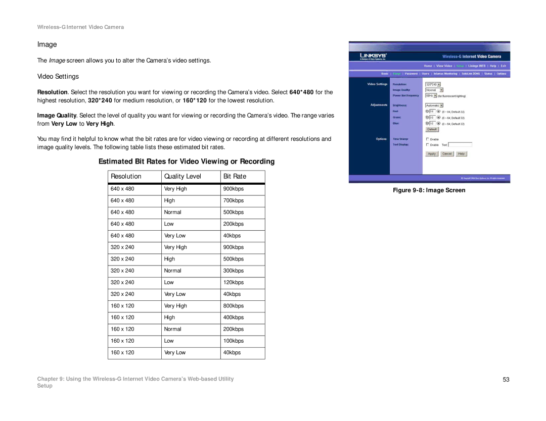 Linksys WVC54G-UK manual Image, Estimated Bit Rates for Video Viewing or Recording, Video Settings 