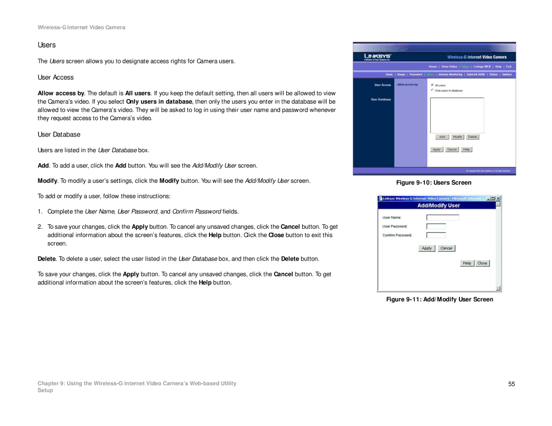 Linksys WVC54G-UK manual Users, User Access, User Database 