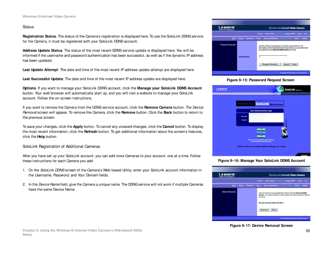 Linksys WVC54G-UK manual Status, SoloLink Registration of Additional Cameras 