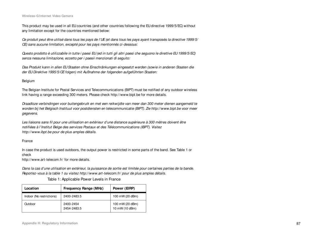 Linksys WVC54G-UK manual Applicable Power Levels in France, Location Frequency Range MHz Power Eirp 