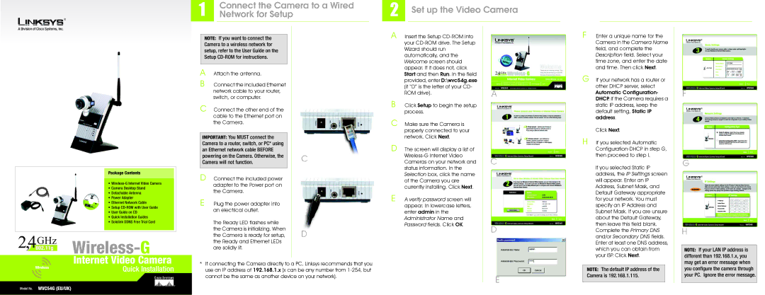 Linksys WVC54G manual 4802.11gGHz Wireless-G, Internet Video Camera, Connect the Camera to a Wired, Network for Setup 