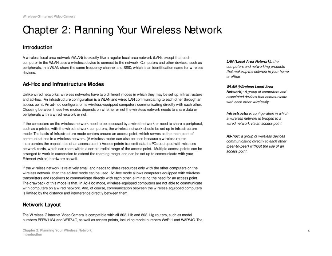 Linksys WVC54G manual Planning Your Wireless Network, Ad-Hoc and Infrastructure Modes, Network Layout 