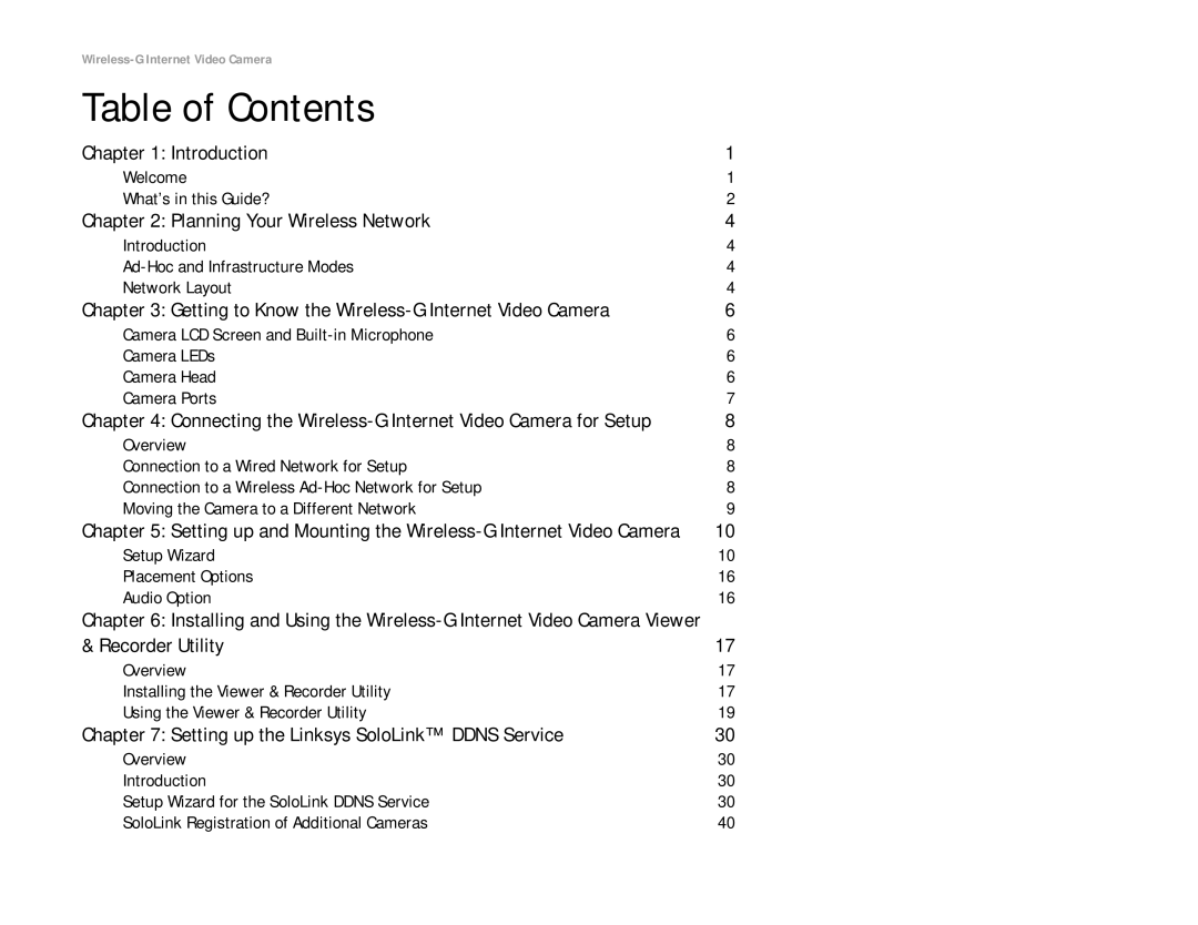 Linksys WVC54G manual Table of Contents 