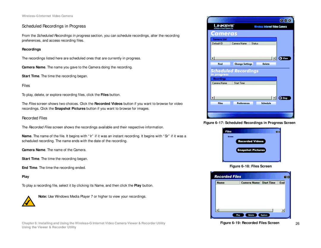 Linksys WVC54G manual Scheduled Recordings in Progress, Recorded Files 