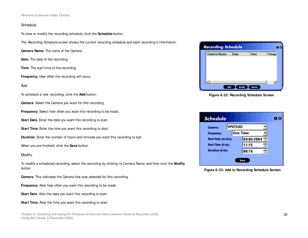 Linksys WVC54G manual Schedule, Add, Modify 