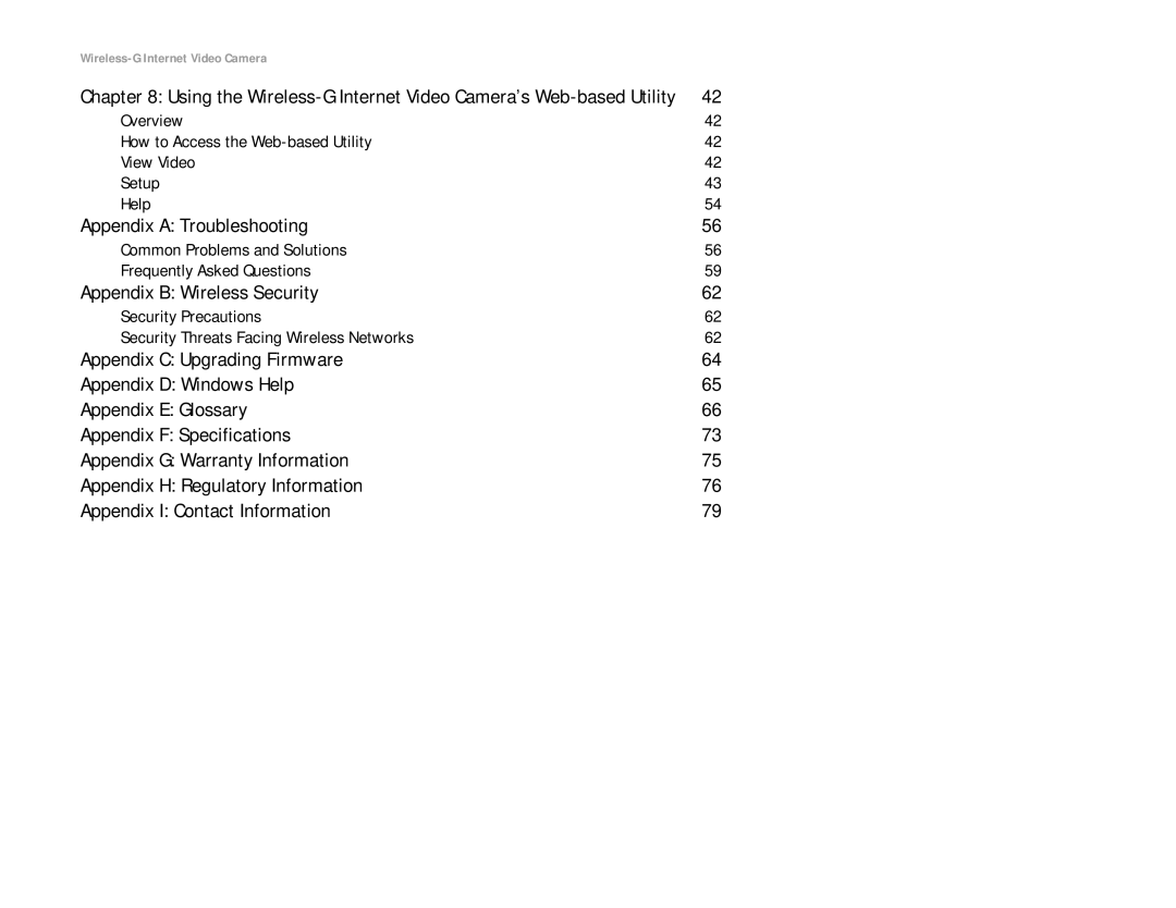 Linksys WVC54G manual Appendix a Troubleshooting, Appendix B Wireless Security 