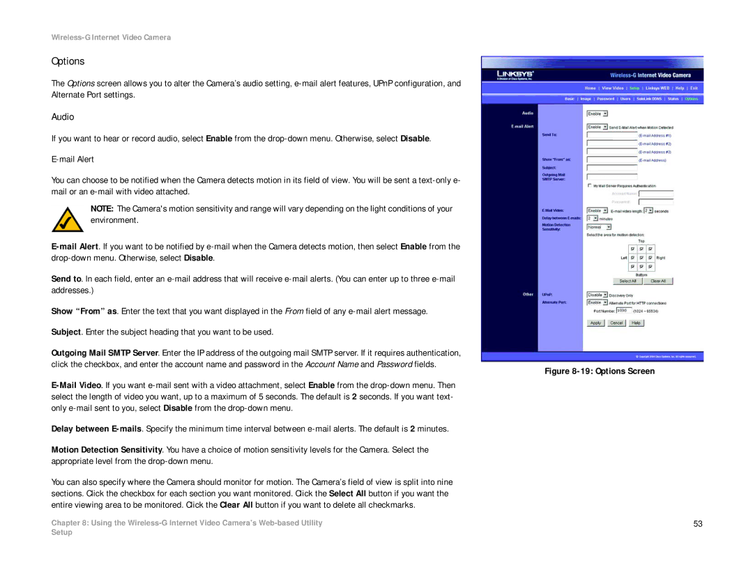 Linksys WVC54G manual Options, Audio 