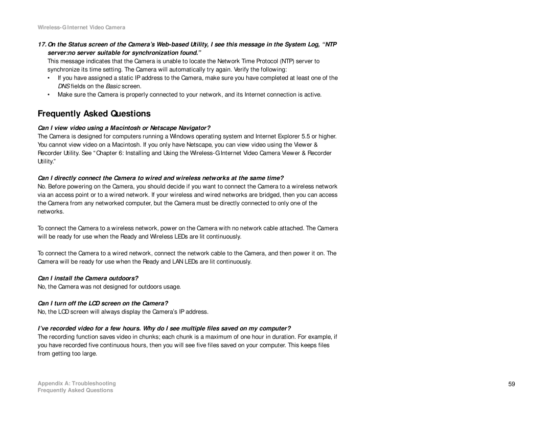 Linksys WVC54G manual Frequently Asked Questions, Can I view video using a Macintosh or Netscape Navigator? 
