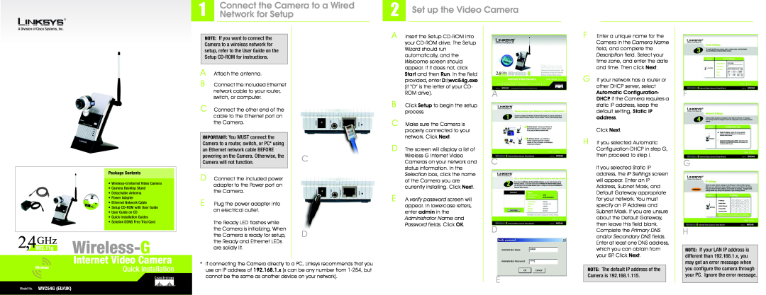 Linksys WVC54G manual Connect the Camera to a Wired, Network for Setup, Set up the Video Camera, F G H, Quick Installation 